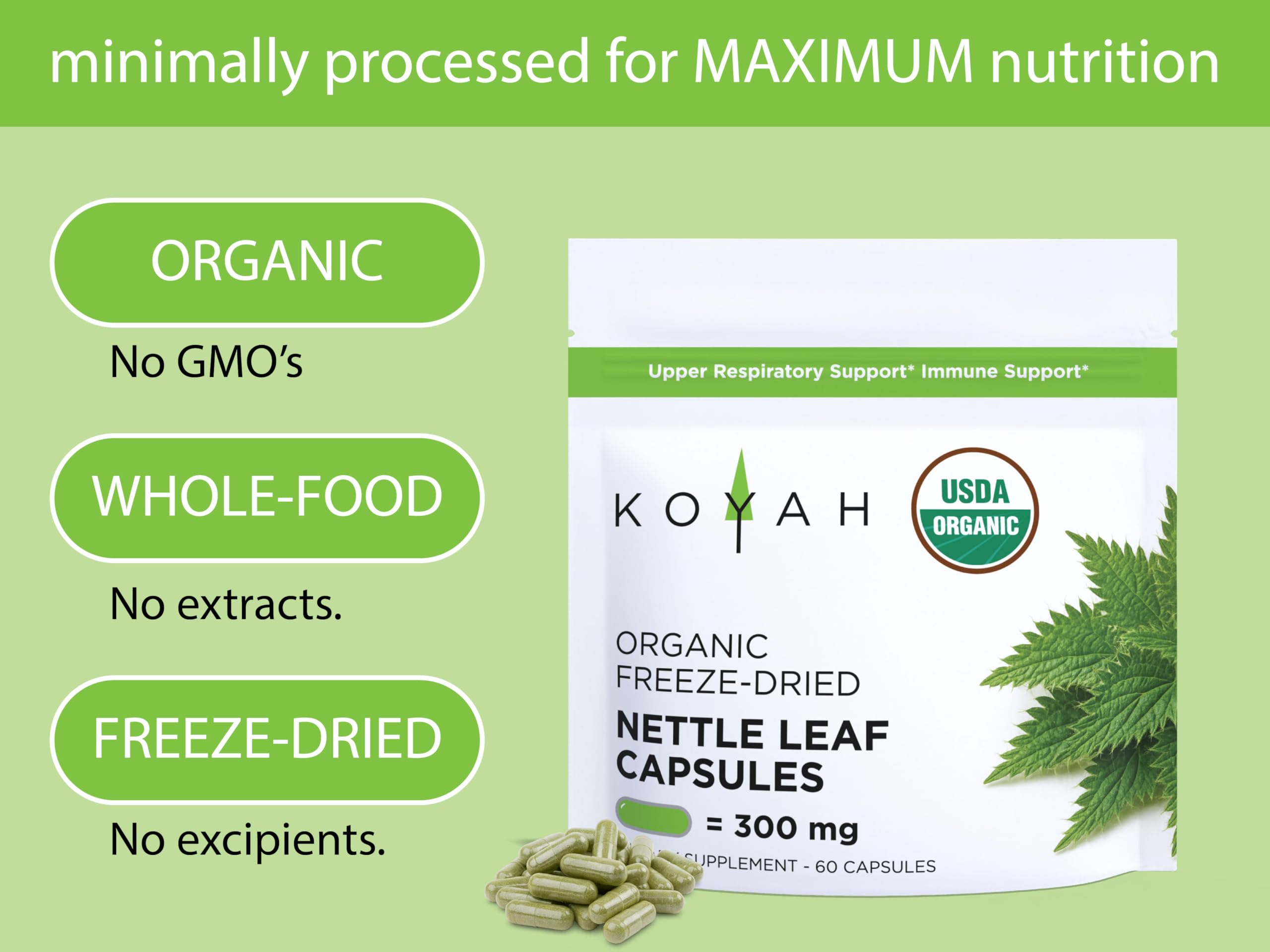 Ingredients: freeze-dried organic nettle leaf powder and vegan capsule