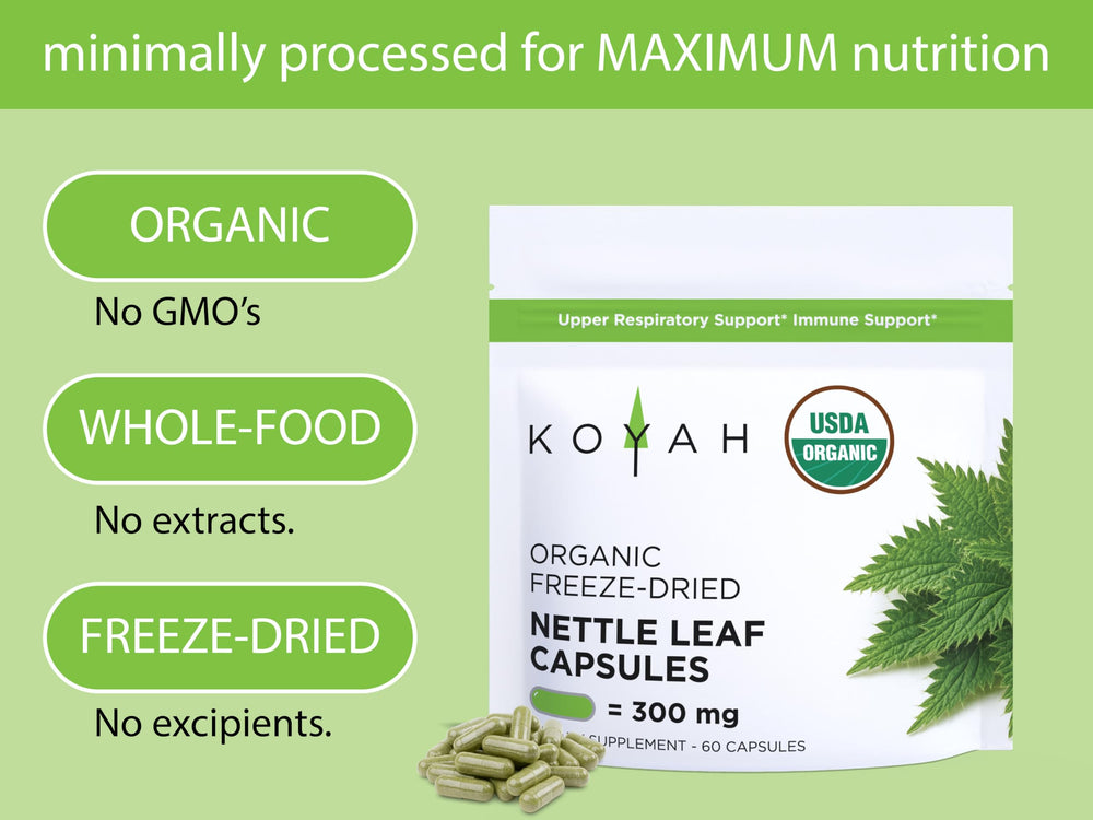 Ingredients: freeze-dried organic nettle leaf powder and vegan capsule