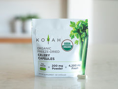 Ingredients listed: pullulan vegan capsules with celery powder