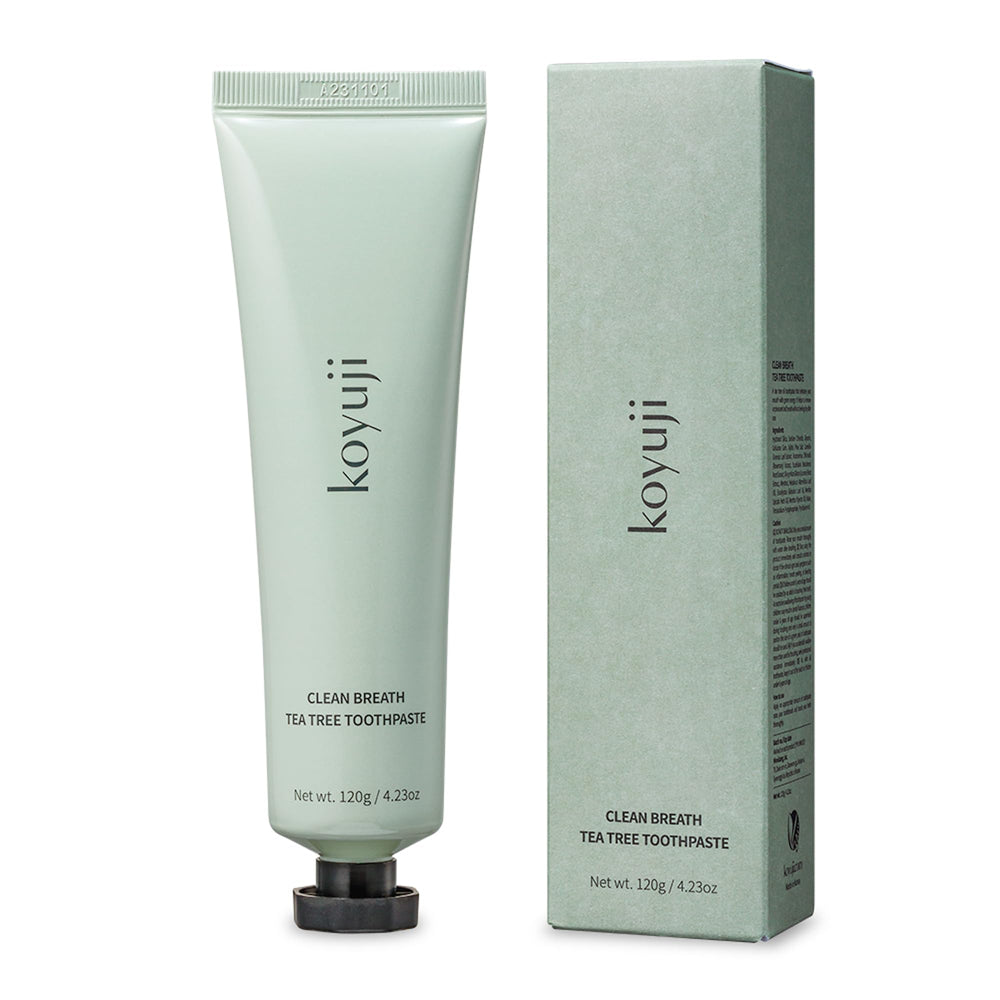 Front packaging of Koyuji Clean Breath Tea Tree Toothpaste