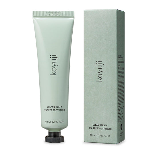 Front packaging of Koyuji Clean Breath Tea Tree Toothpaste