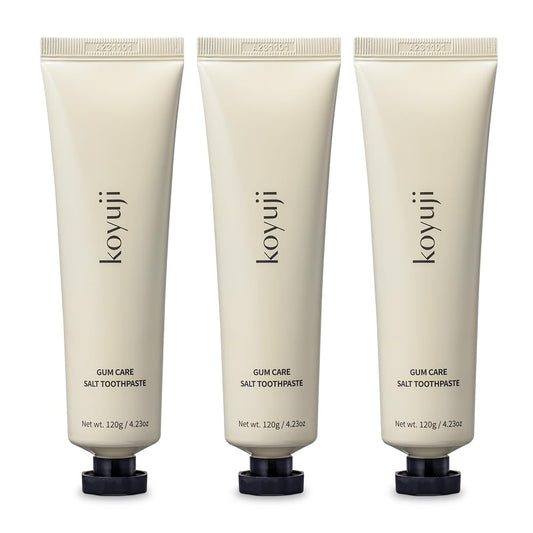 Front view of Koyuji toothpaste pack with three tubes