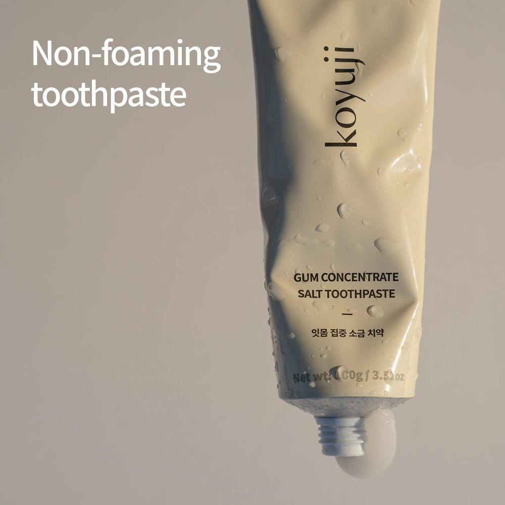 Roasted pine salt highlighted in Koyuji toothpaste packaging