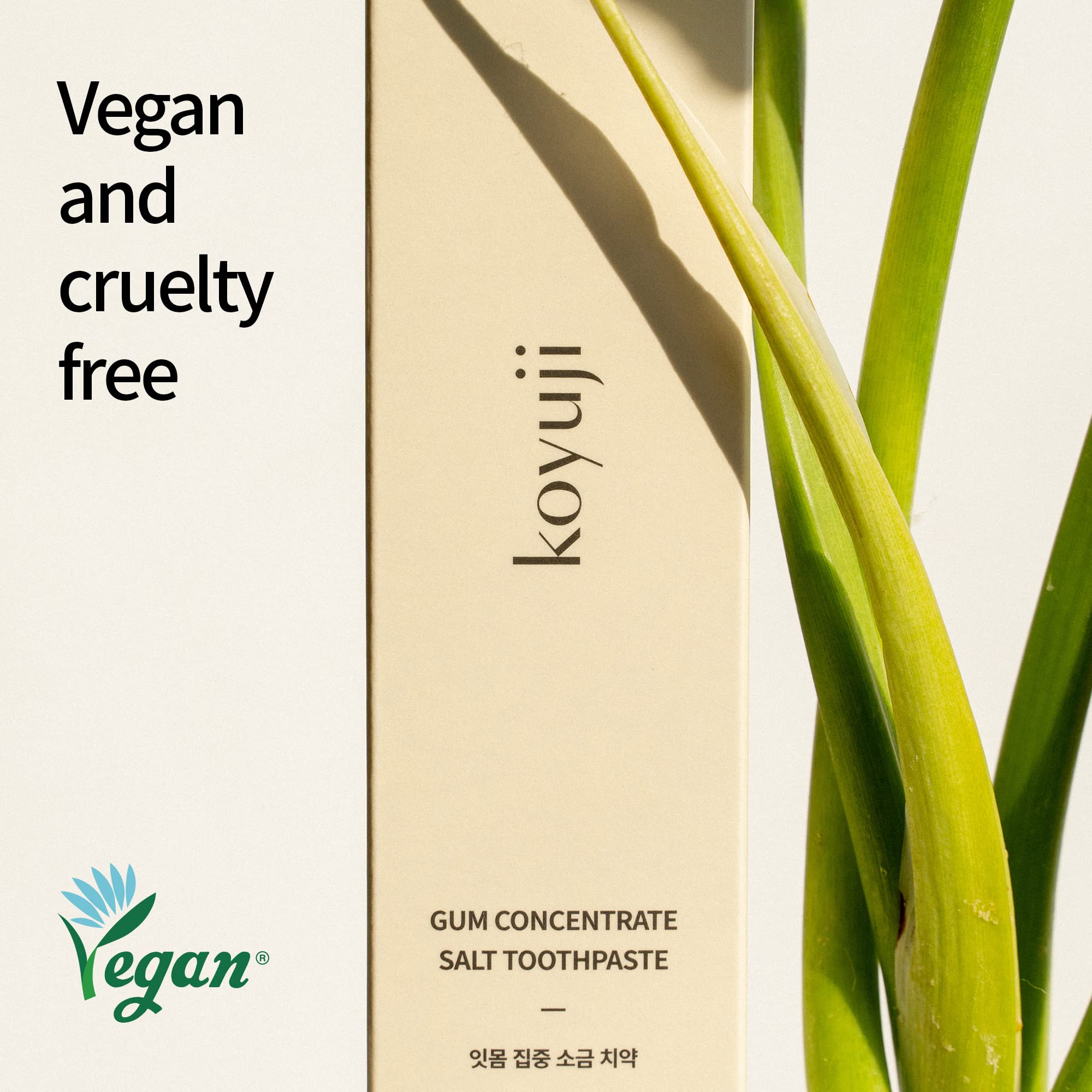 Foamless toothpaste texture shown with Koyuji branding