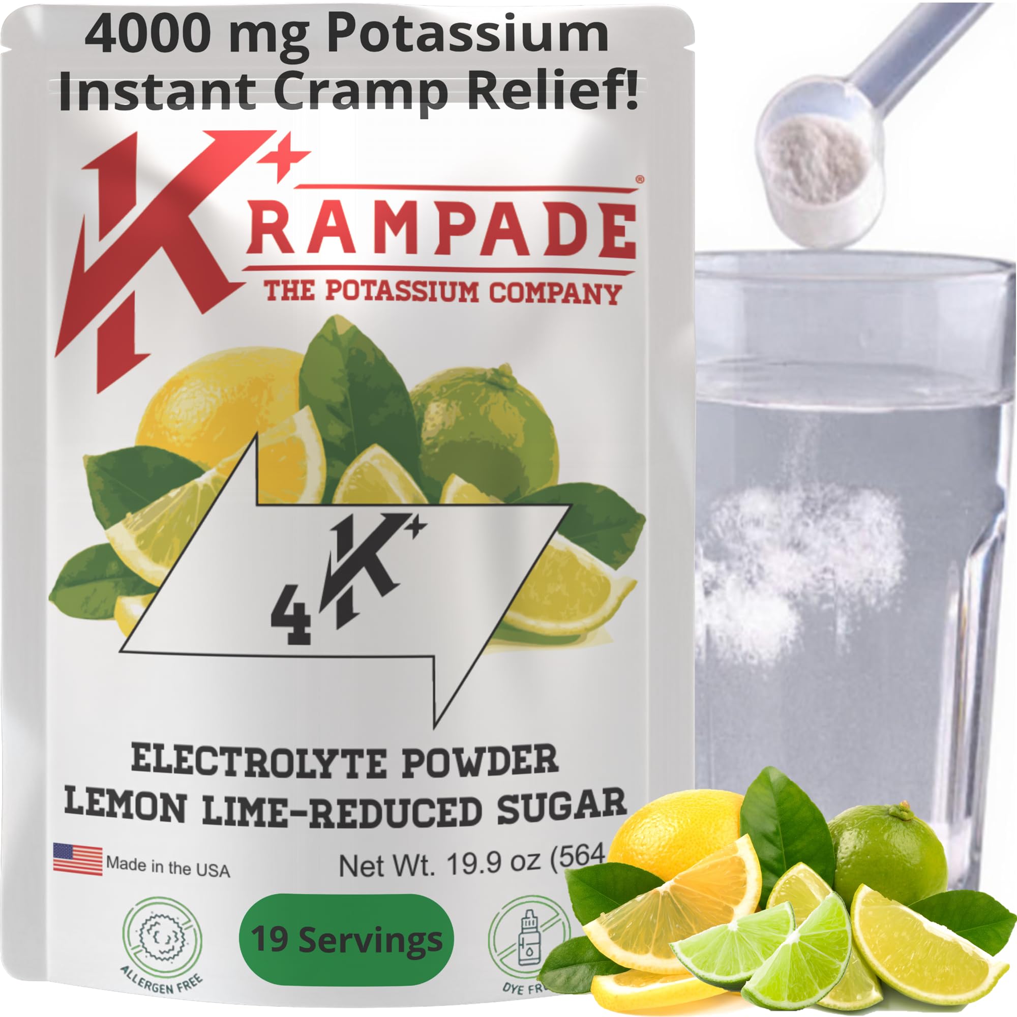 Krampade Electrolytes Powder bottle showing 4000 mg K+ per serving