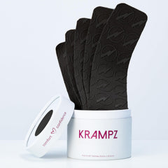 Krampz relief patches close-up on mineral-infused fabric suggesting gentle warmth and comfort.