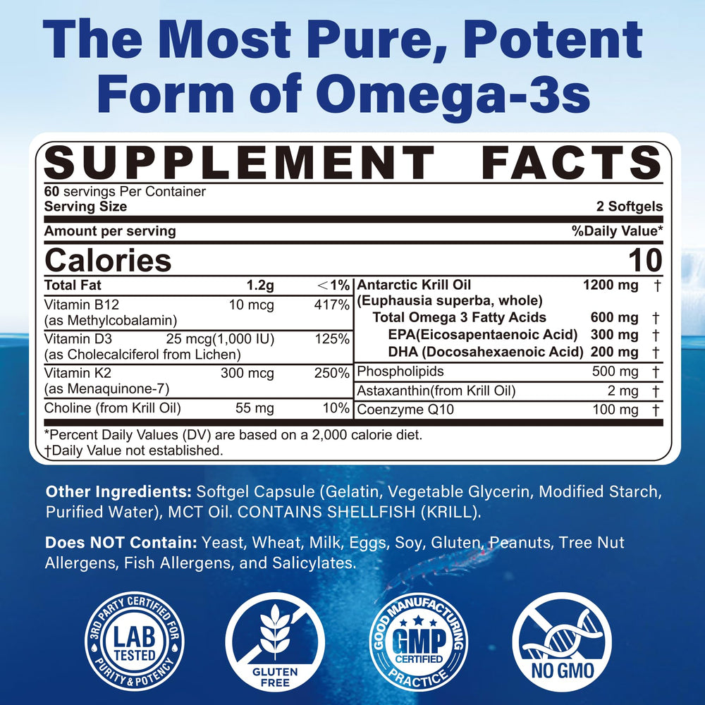 Krill oil softgels with EPA and DHA showing 1200mg per serving