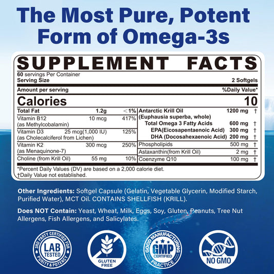 Krill oil softgels with EPA and DHA showing 1200mg per serving
