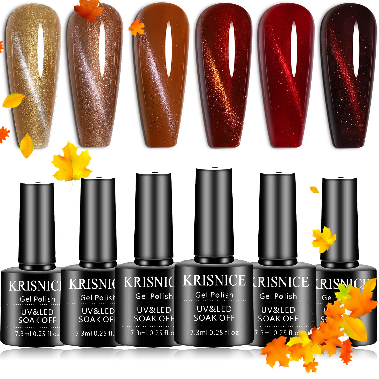 KRISNICE cat-eye gel kit with six color shades for versatile nail art.
