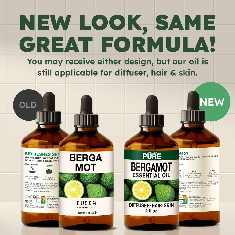 Packaging options showing new and old packaging of bergamot oil