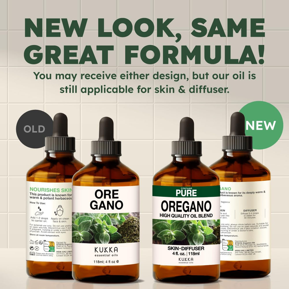 KUKKA oregano essential oil packaging: new and old versions