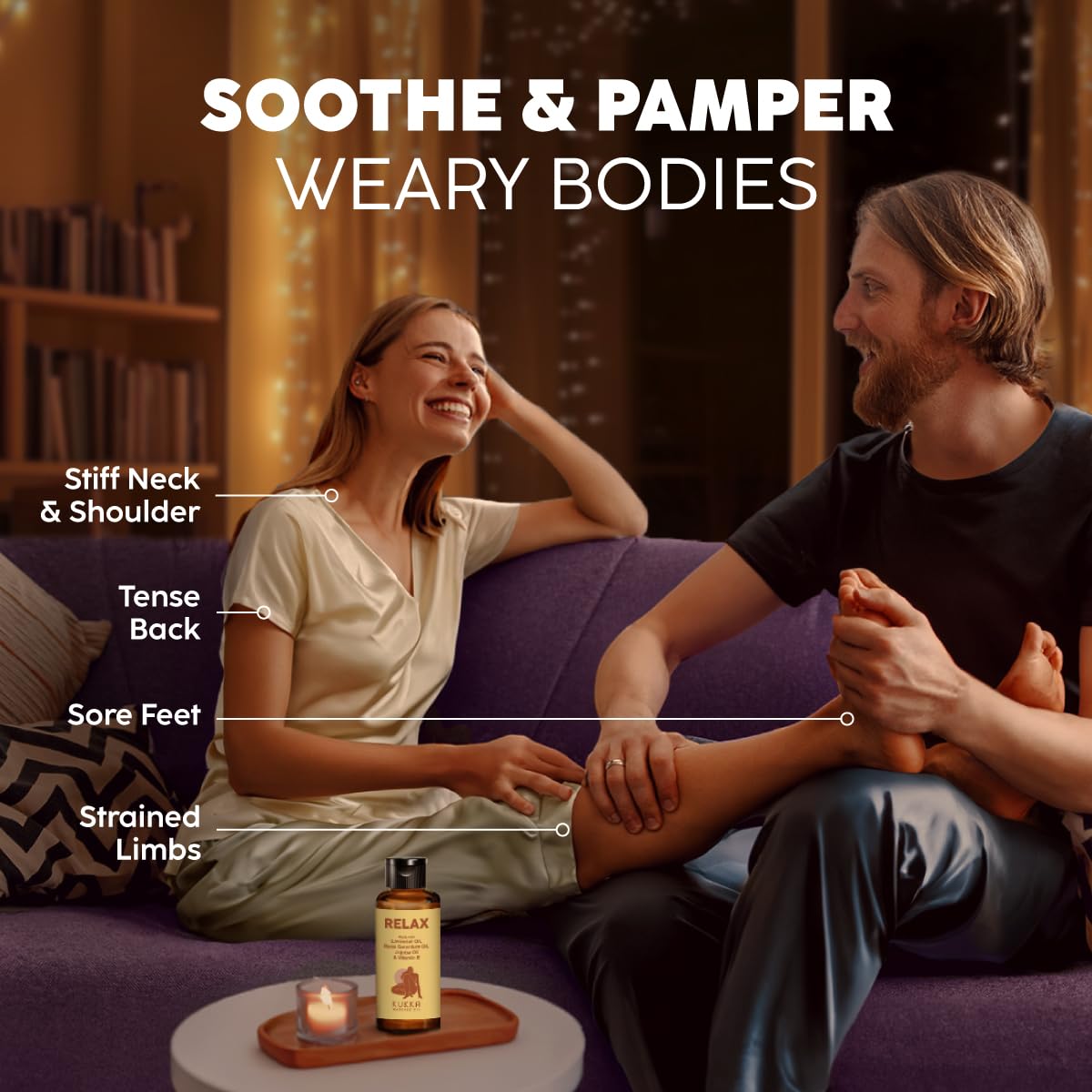 Aromatherapy setup with Relax Massage Oil for soothing ambiance