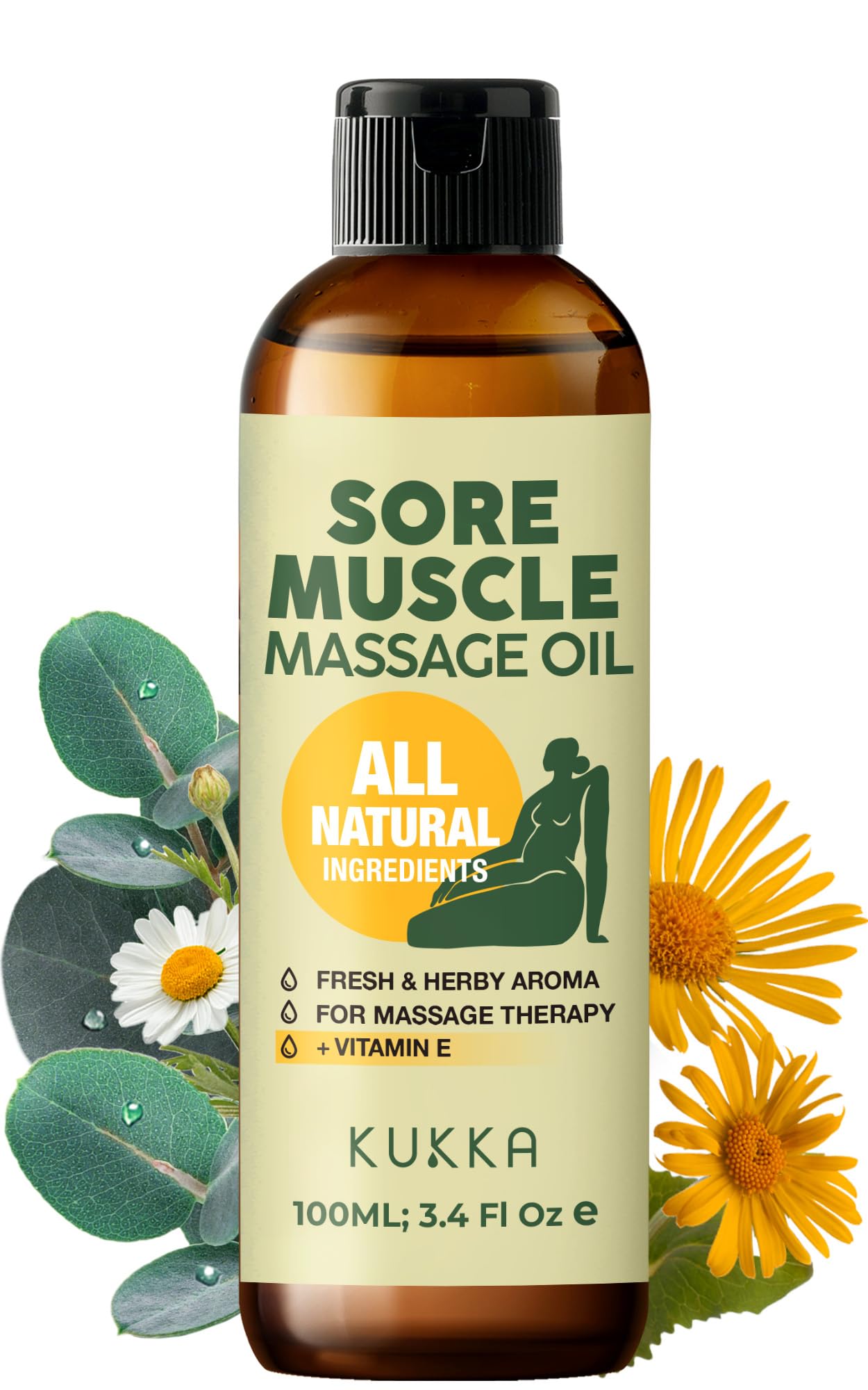 KUKKA Sore Massage Oil bottle with eucalyptus and Roman chamomile