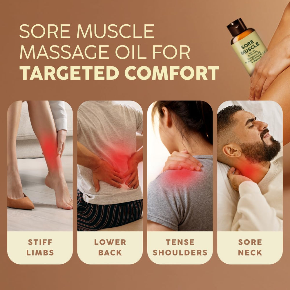 Close-up of Sore Muscle Massage Oil texture showing light non-greasy formula
