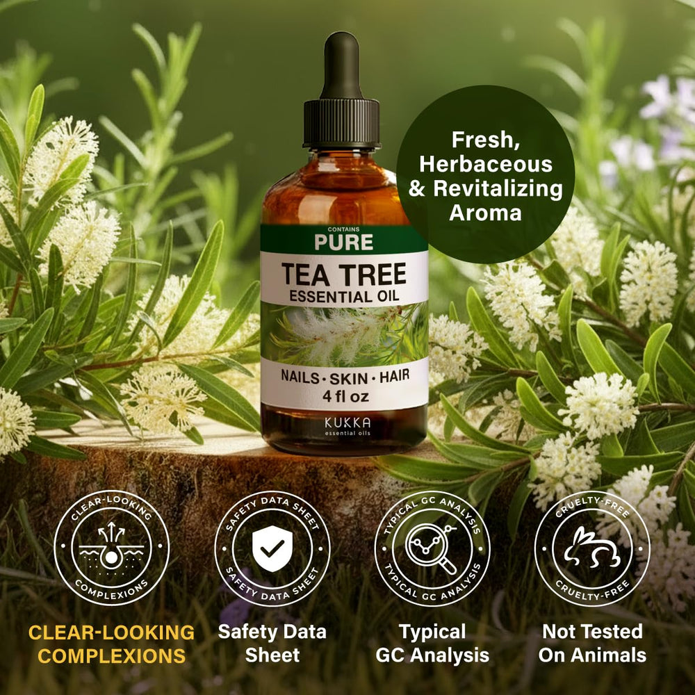 Aromatherapy scene with tea tree essential oil bottle