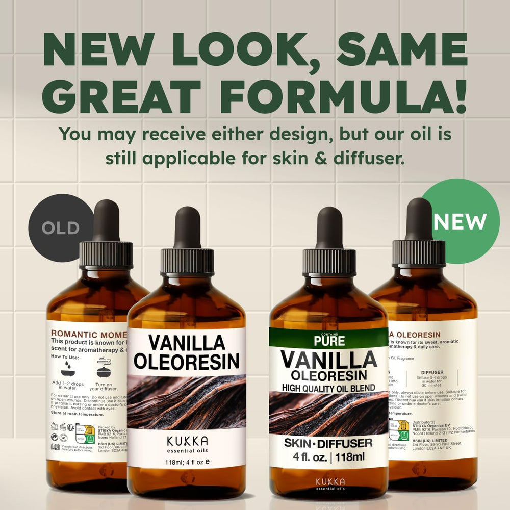 KUKKA vanilla essential oil packaging options (new and old)
