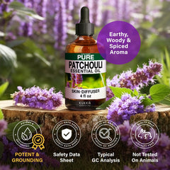Cruelty-free and non-GMO Patchouli essential oil label