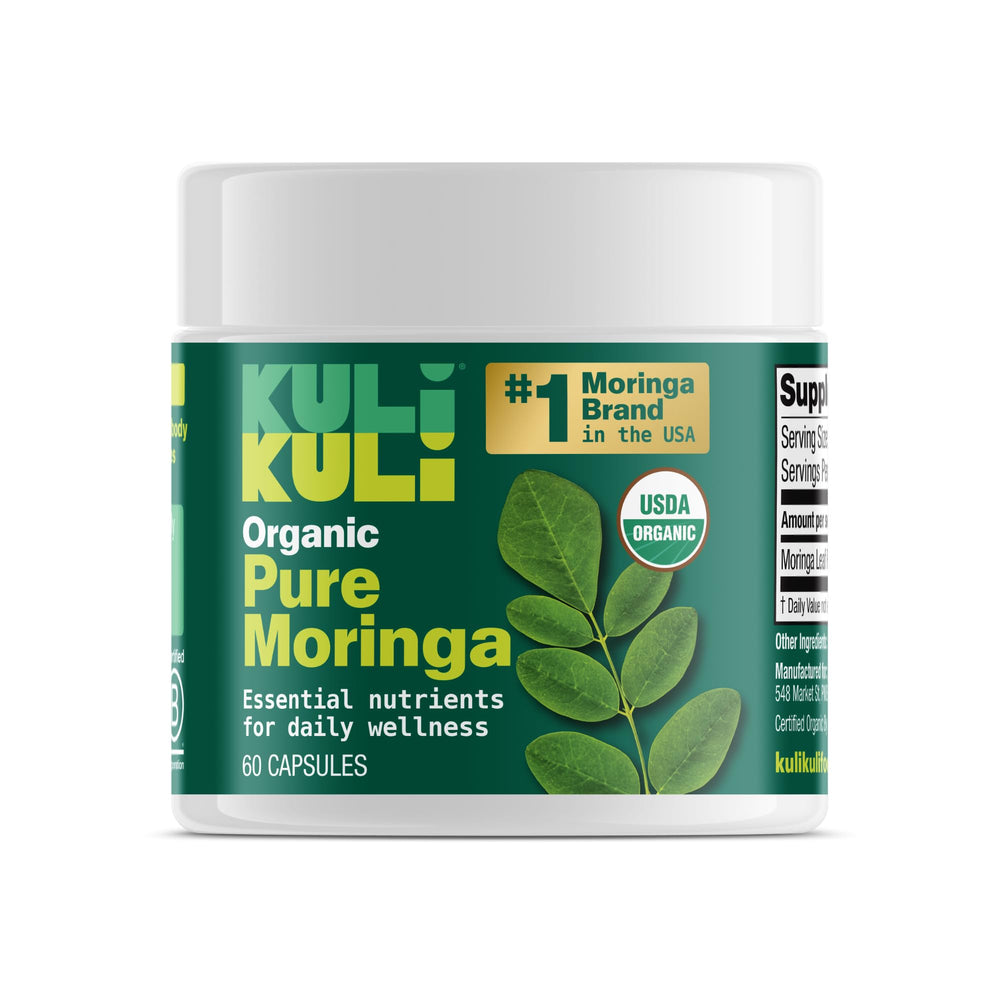 Front view of Kuli Kuli Organic Moringa Capsules 60-count