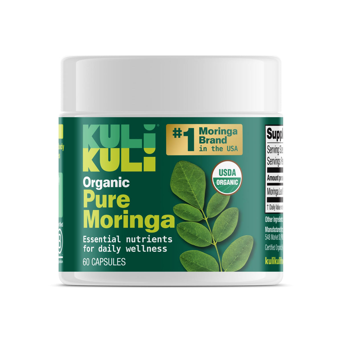 Front view of Kuli Kuli Organic Moringa Capsules 60-count