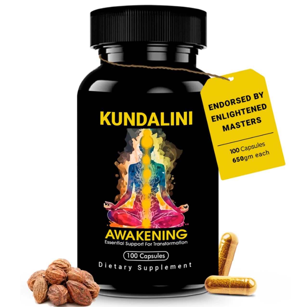 Poured vegan capsules next to bottle