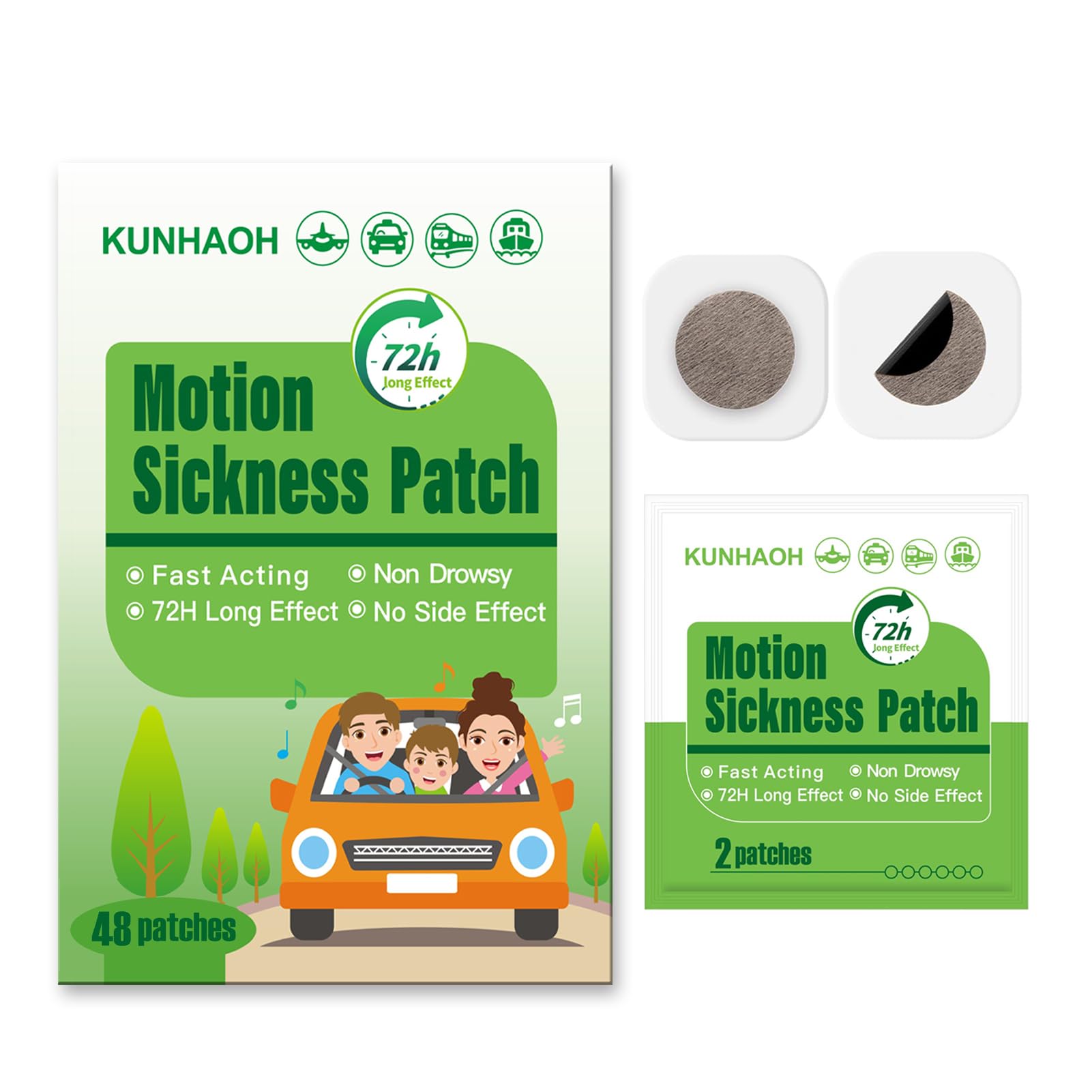 KUNHAOH motion sickness patches applied to the belly button for steady travel comfort.
