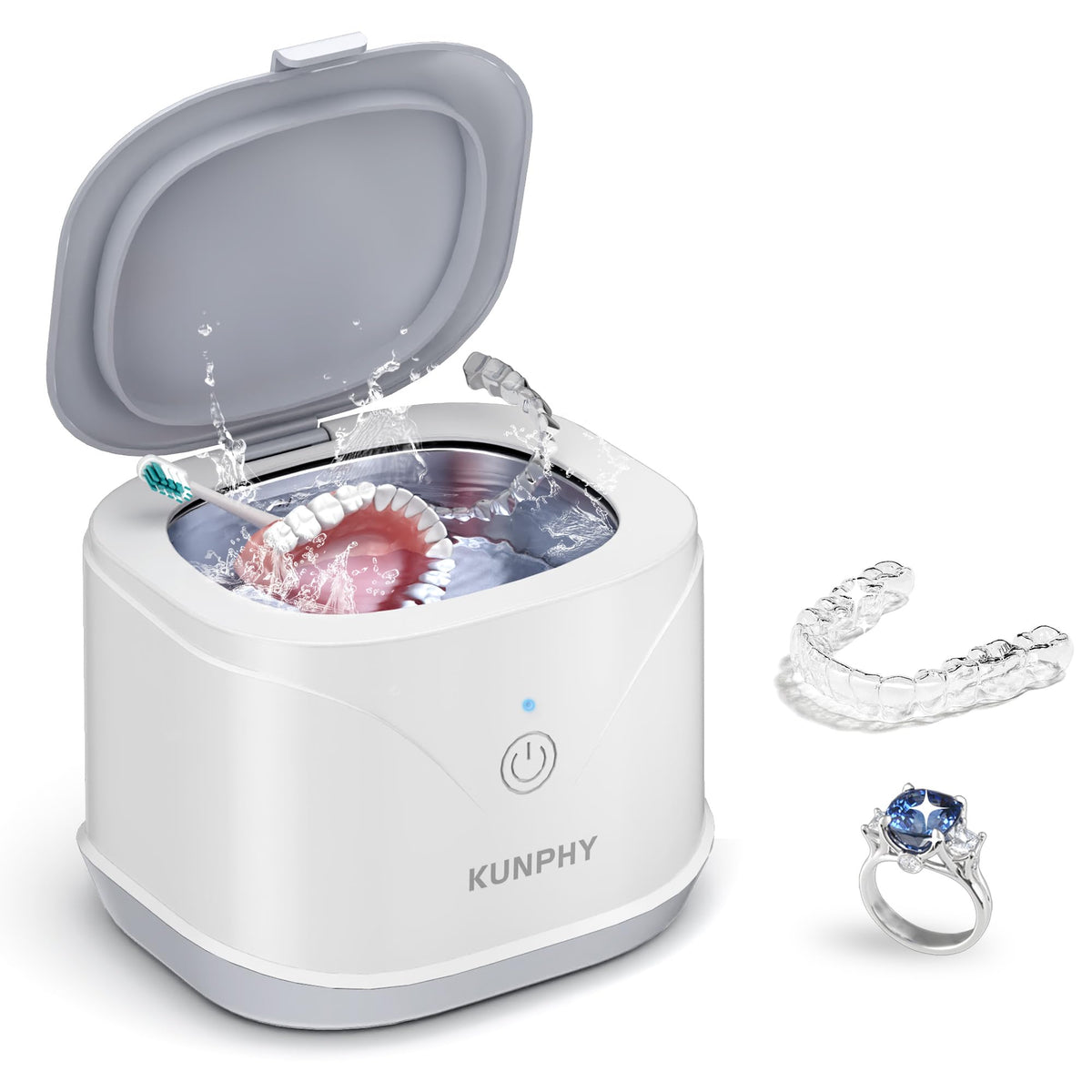 KUNPHY Ultrasonic Retainer Cleaner in white with 7.5 oz capacity