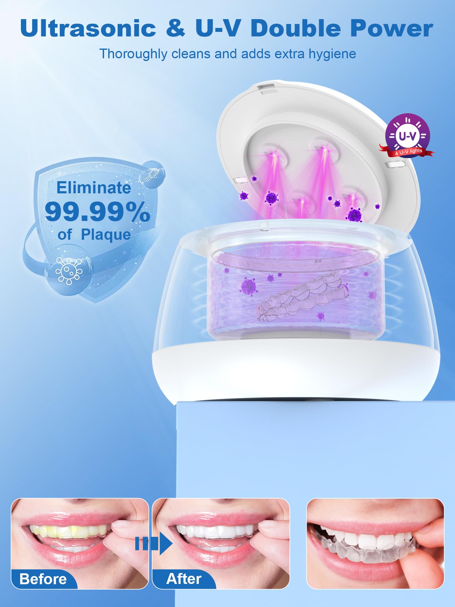 Product showcasing four UV lights for 360° UV cleaning