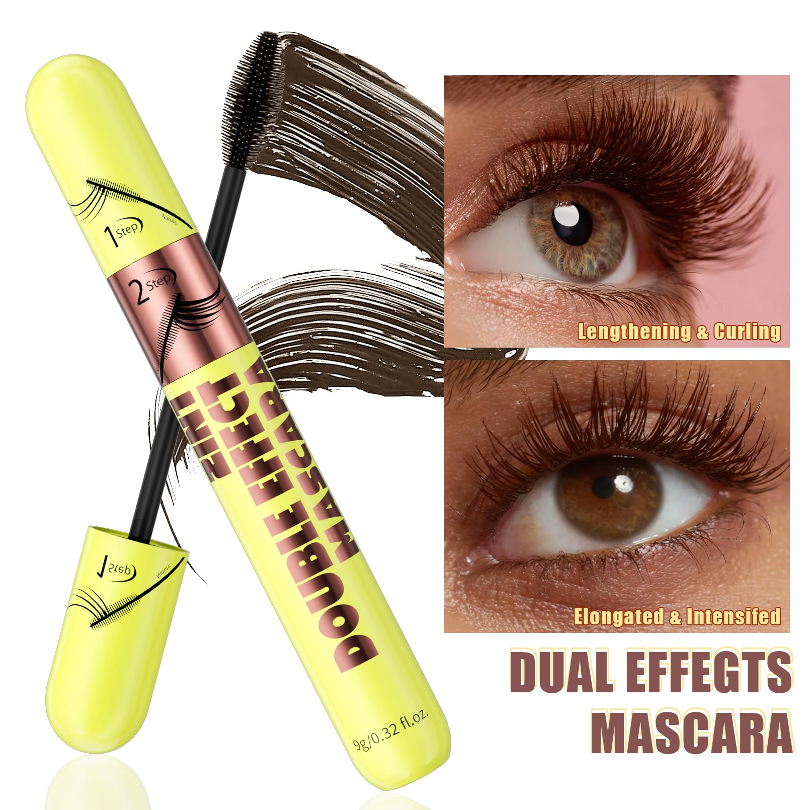 KUNSHNBEI QIC 2 in 1 Mascara Brown easy removal with warm water or remover.