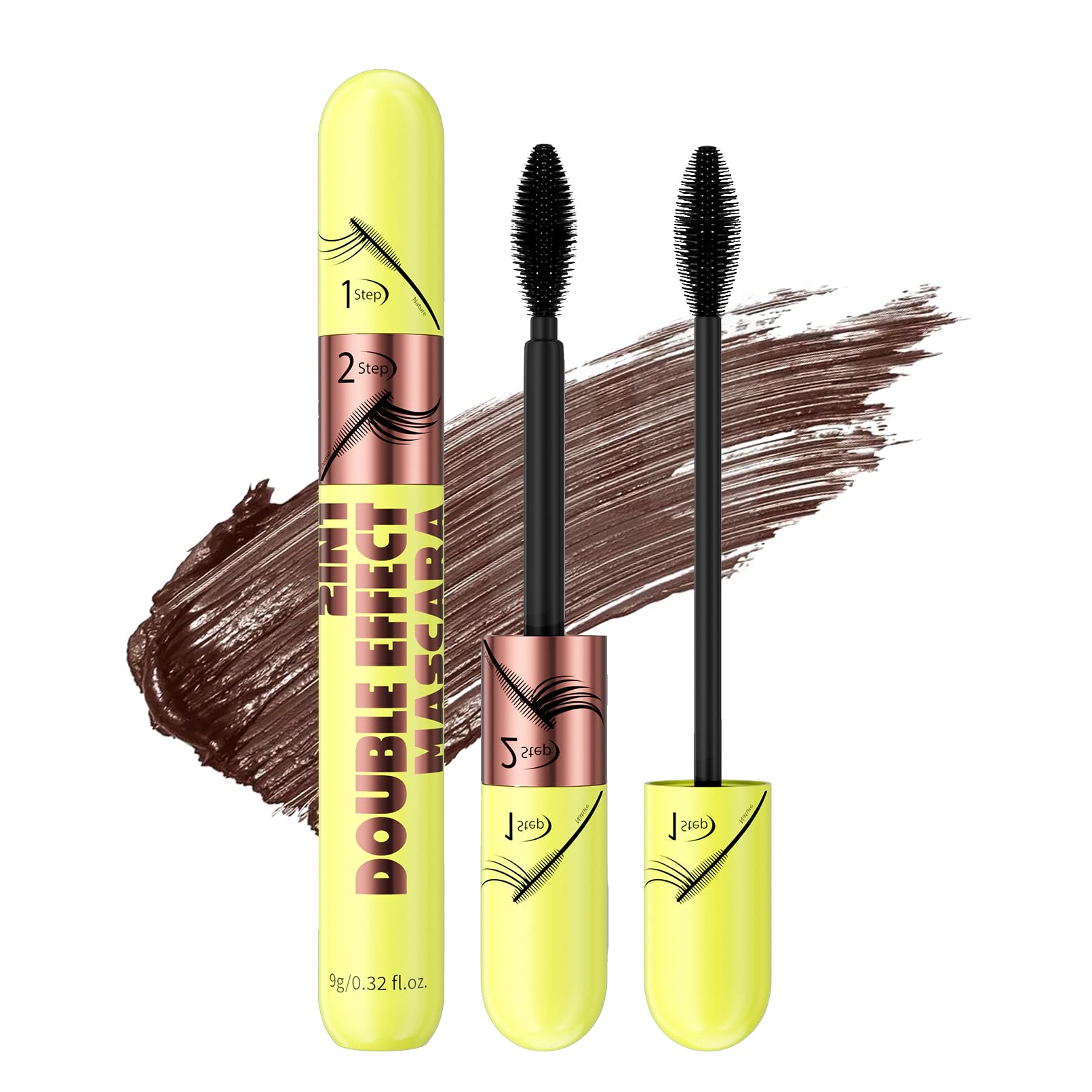 KUNSHNBEI QIC 2 in 1 Mascara Brown packaging highlights natural look for daily wear.
