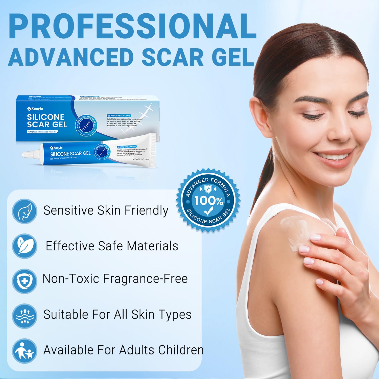 Kunyle scar gel application demonstrates smooth circular massage on a scar.