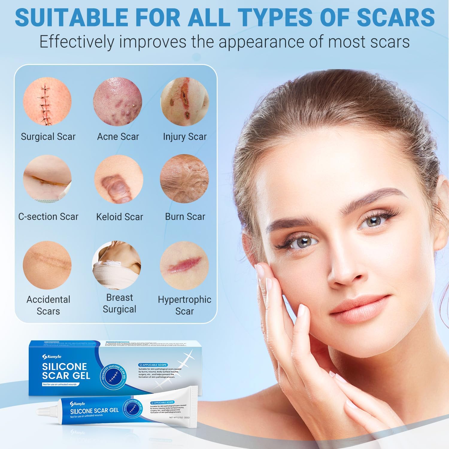 Kunyle scar gel softening skin around the scar for a smoother look.