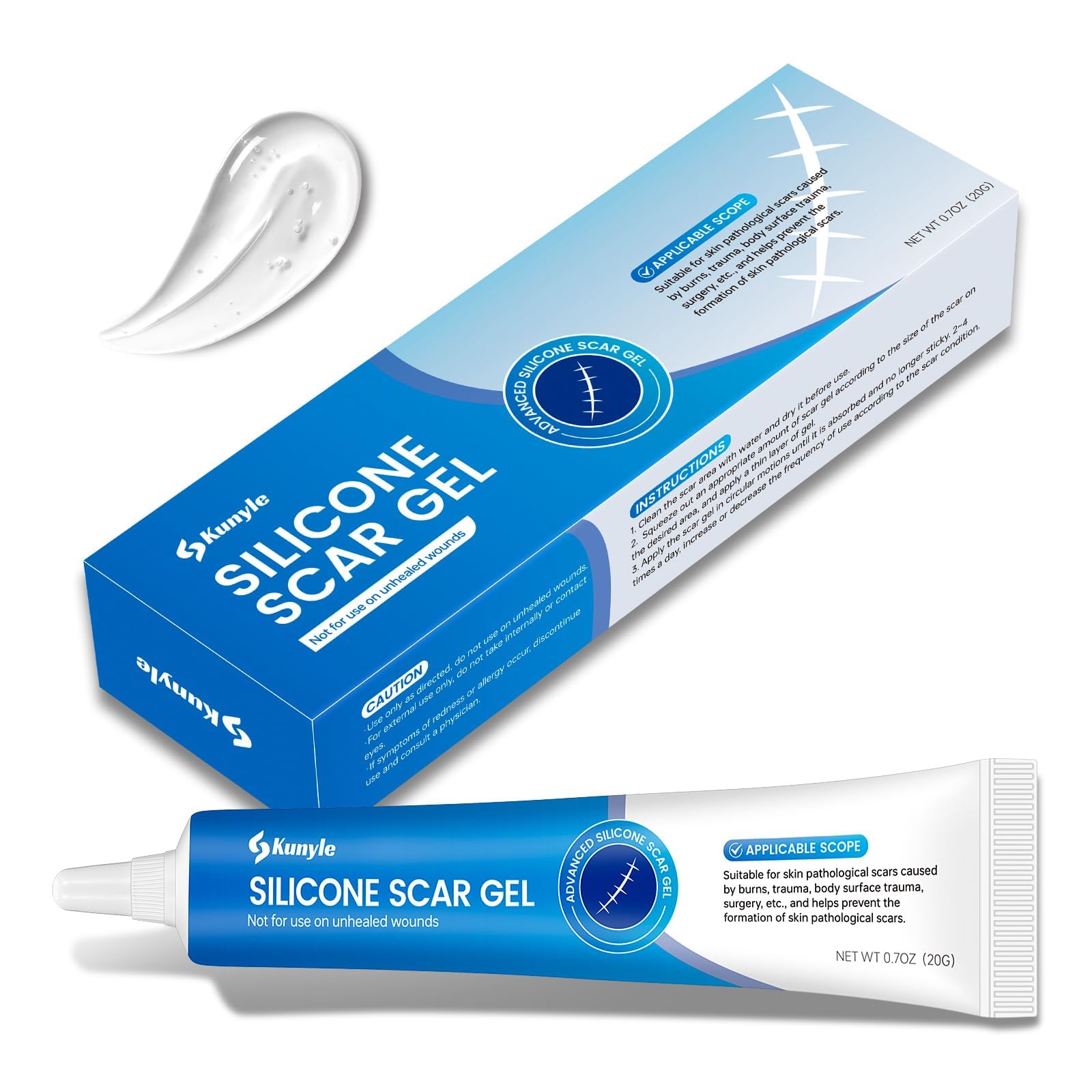 Kunyle silicone scar gel packaging with portable 0.70oz bottle for travel-friendly use.