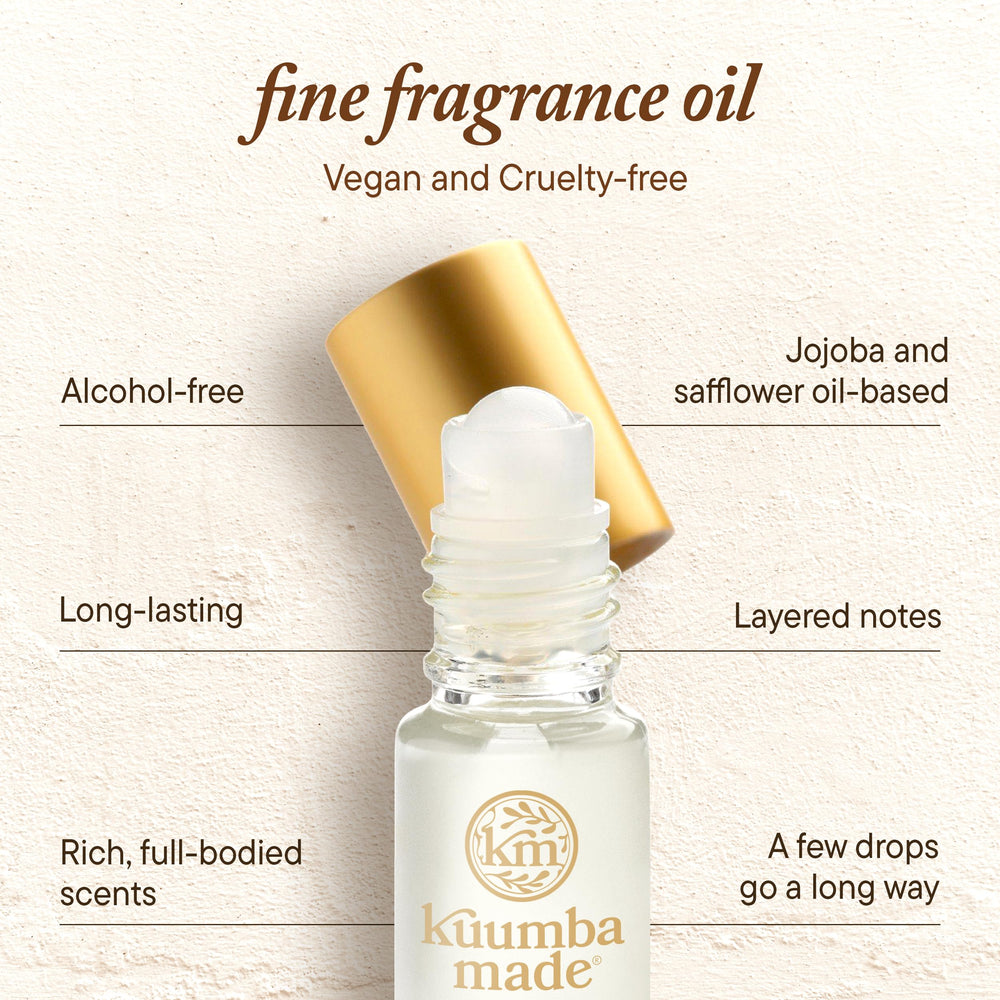 Kuumba Made Wildflower Fragrance Oil packaging emphasizing vegan and cruelty-free ethics