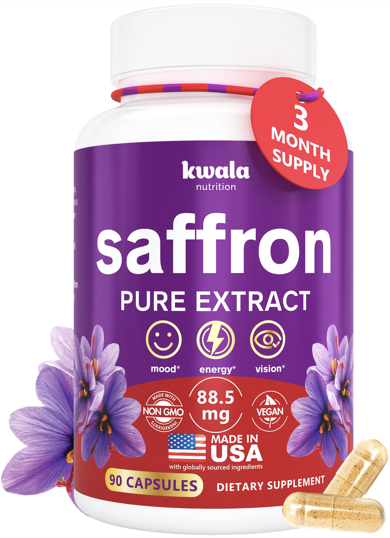 Kwala Nutrition saffron supplement bottle label displaying 88.5 mg saffron extract