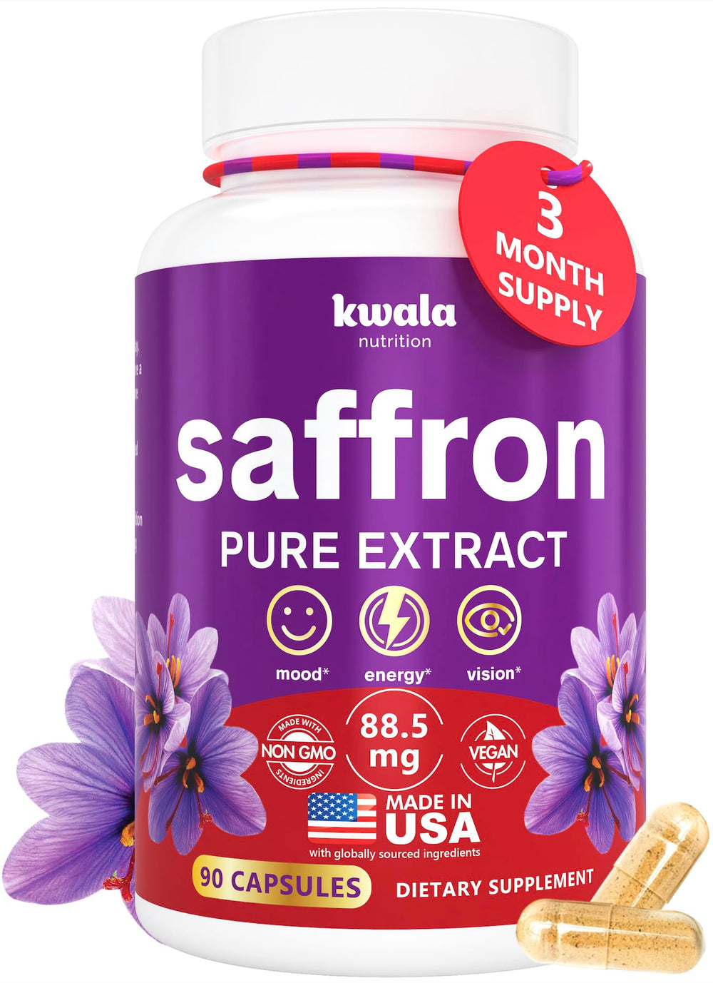Kwala Nutrition saffron supplement bottle label displaying 88.5 mg saffron extract