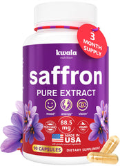Kwala Nutrition saffron supplement bottle label displaying 88.5 mg saffron extract
