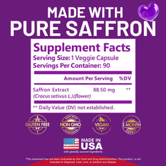 90-capsule bottle overview of Kwala saffron mood and energy supplement