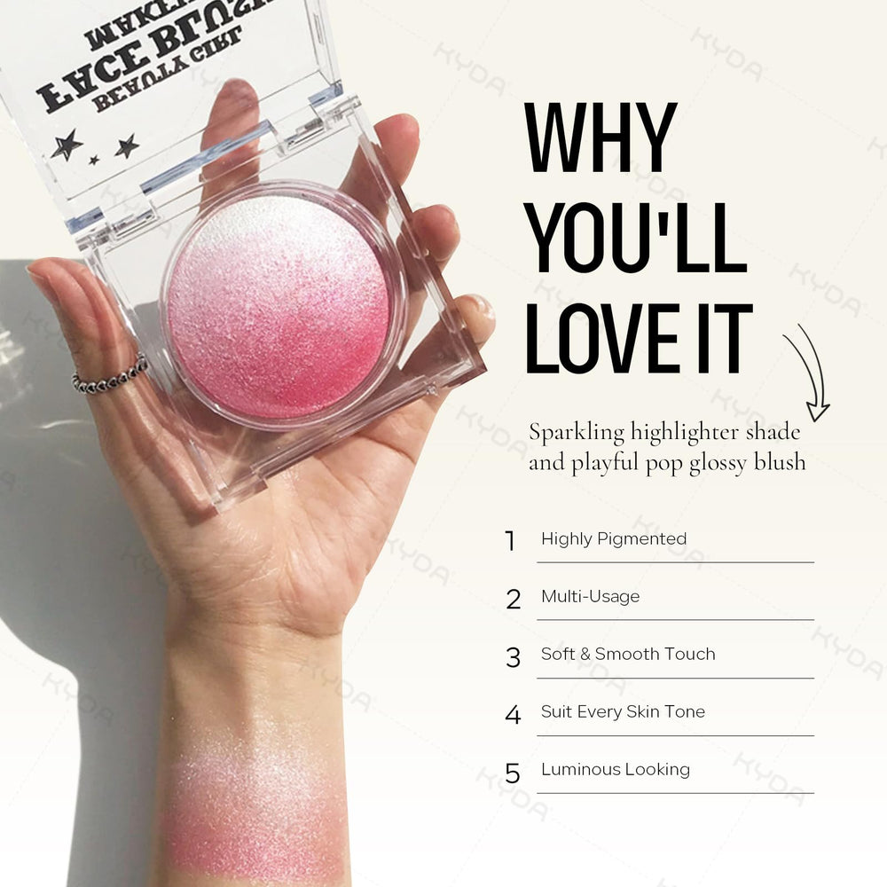 KYDA Pink Baked Blush three-tone palette offers pink, coral, and orange for versatile looks.