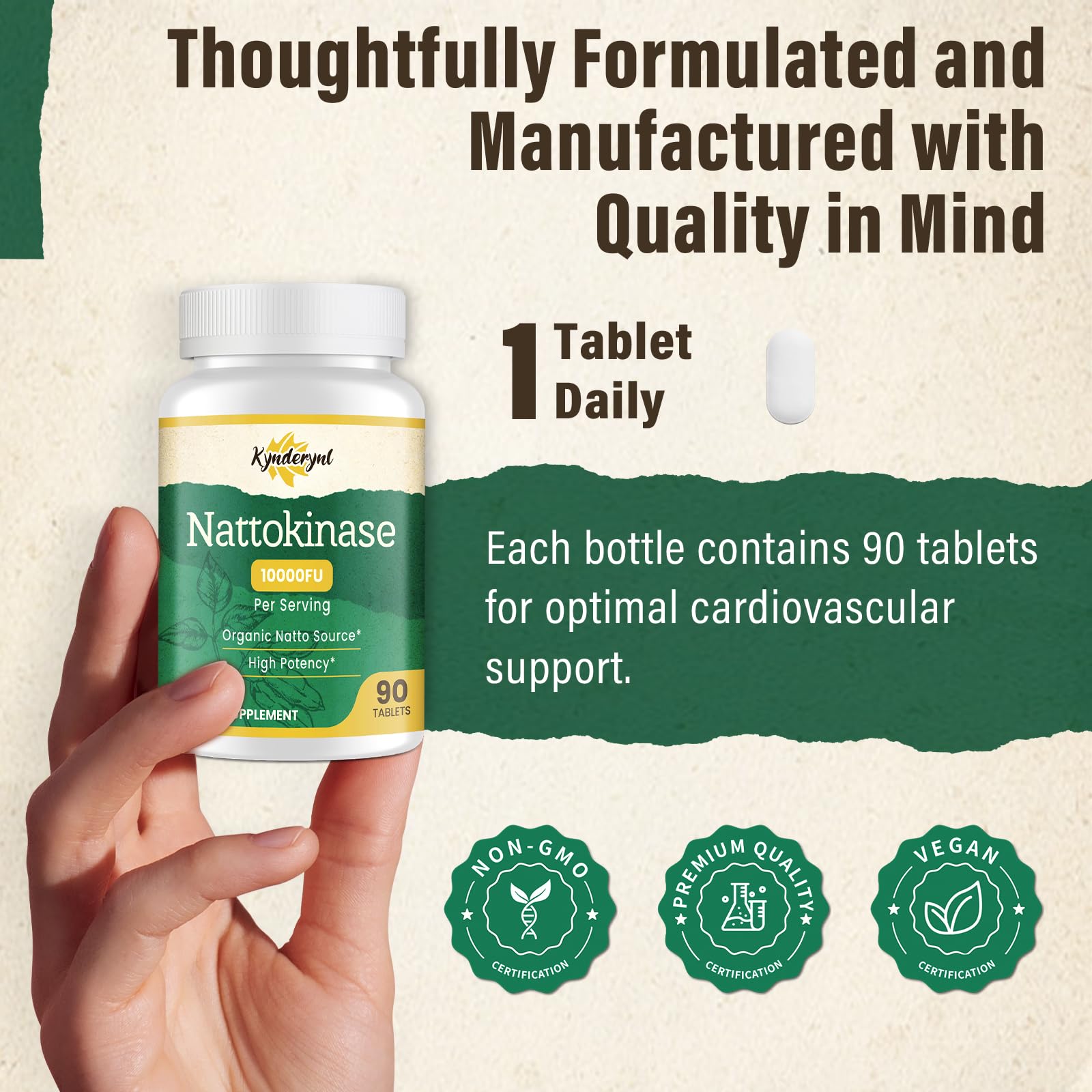 Front view of Kynderynl nattokinase bottle with 90 tablets