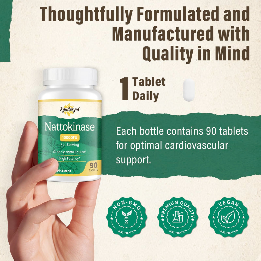 Front view of Kynderynl nattokinase bottle with 90 tablets
