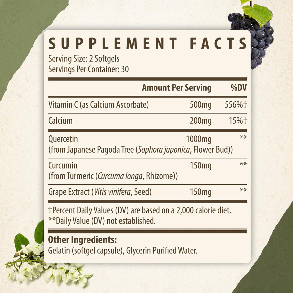 Nutrition facts panel for Kynderynl Quercetin 1000mg supplement