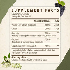 Nutrition facts panel for Kynderynl Quercetin 1000mg supplement