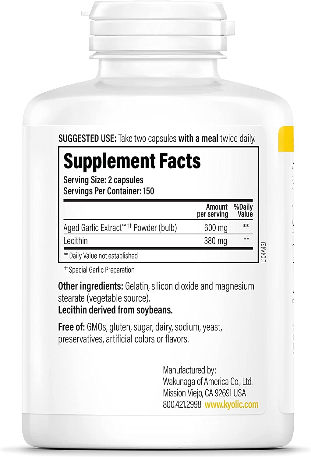Close-up of Kyolic 104 garlic capsules 300 cap