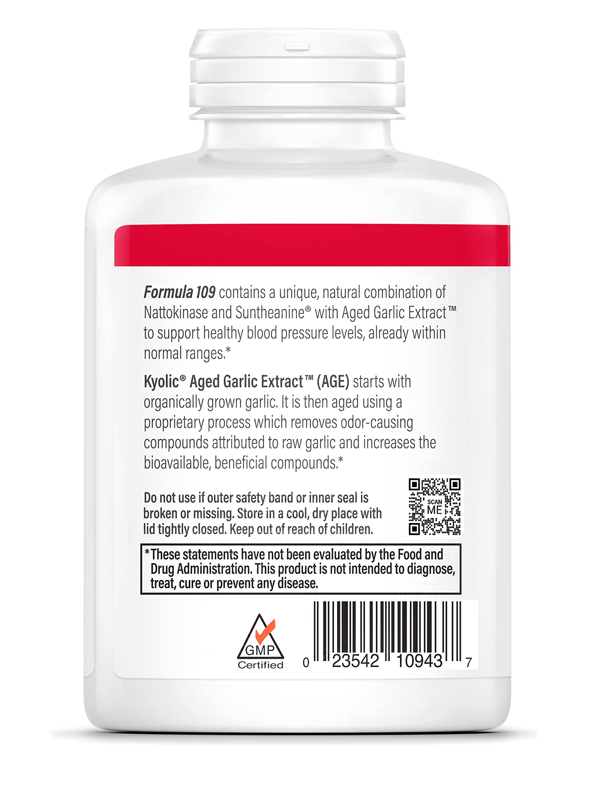 Bottle of Kyolic Aged Garlic Extract Formula 109 capsules with Nattokinase and Suntheanine