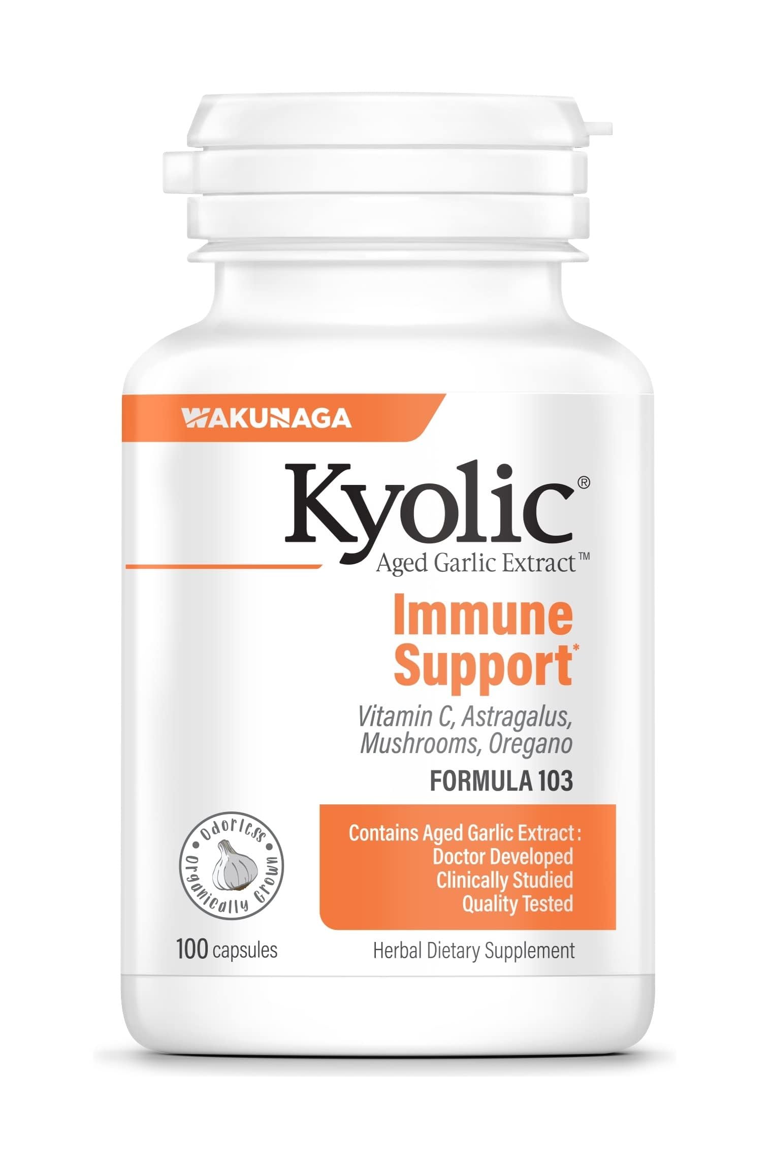 Kyolic Aged Garlic Extract Formula 103 bottle front – Immune Support, 100 capsules