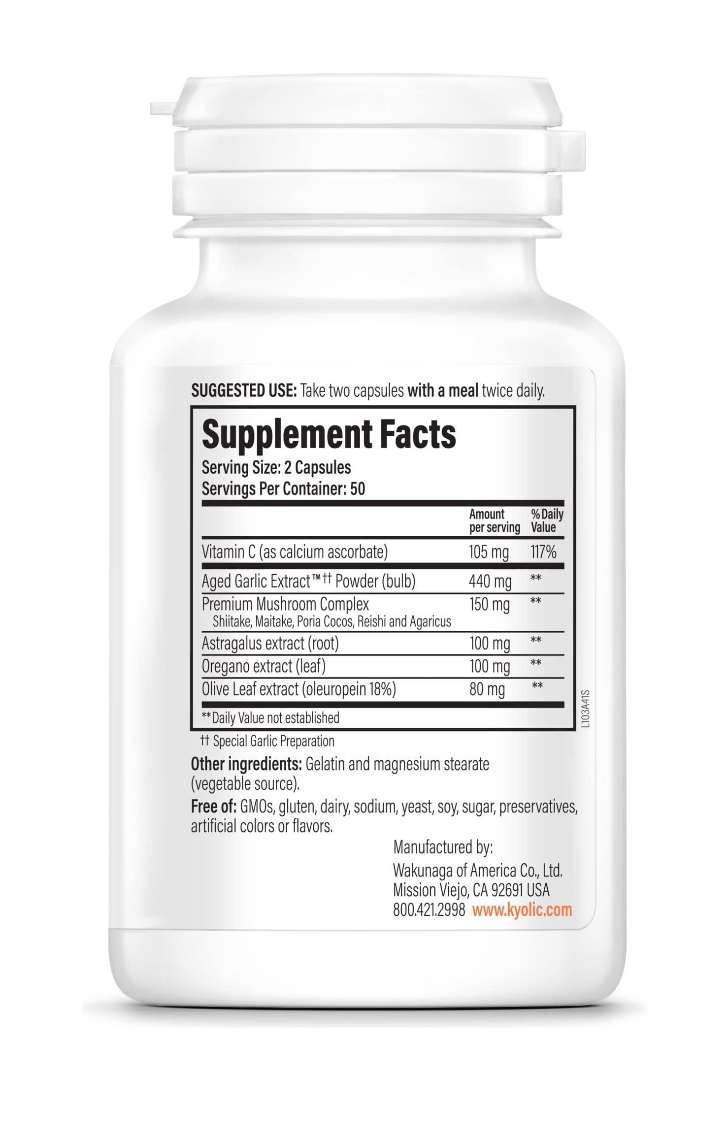Close-up of Kyolic Formula 103 label highlighting immune support