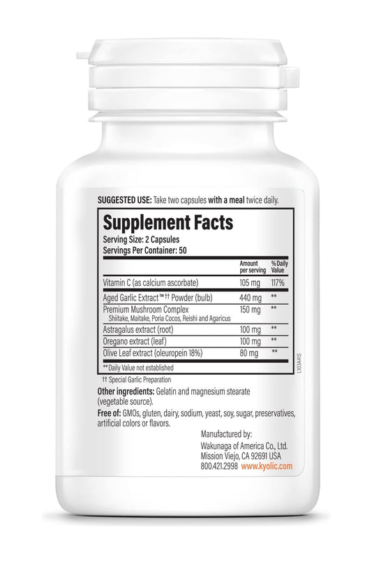 Close-up of Kyolic Formula 103 label highlighting immune support