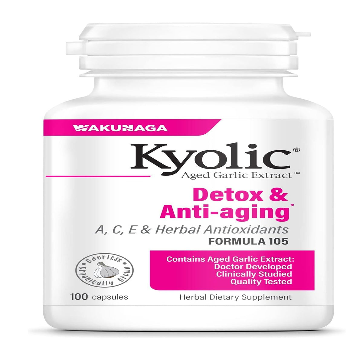 Kyolic Aged Garlic Extract Formula 105 bottle for detox and anti-aging
