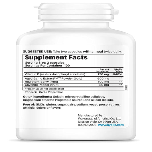 Ingredients in Kyolic Formula 106: Vitamin E, Hawthorn Berry, Cayenne Pepper