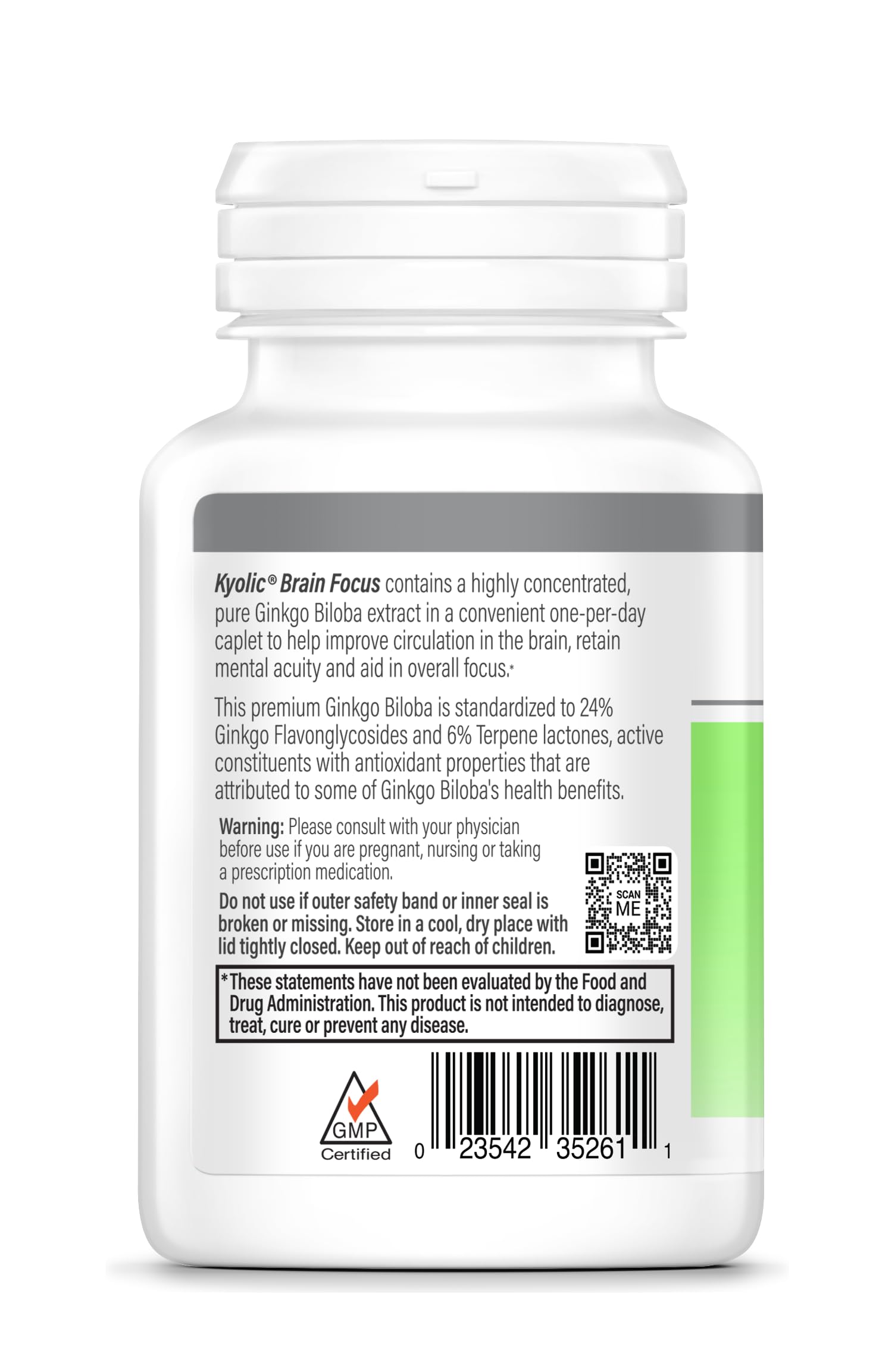 Close-up of Kyolic Brain Focus label showing 120 mg Ginkgo Biloba per caplet